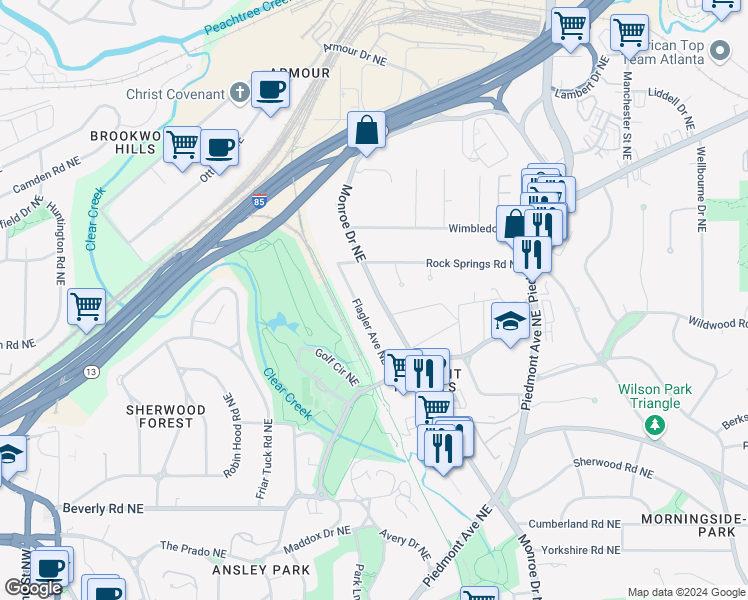 map of restaurants, bars, coffee shops, grocery stores, and more near in Atlanta