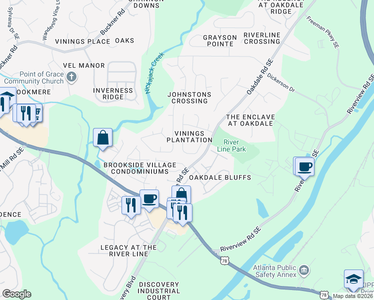 map of restaurants, bars, coffee shops, grocery stores, and more near 6063 Farmwood Way Southeast in Mableton