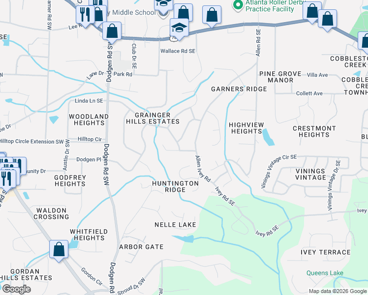 map of restaurants, bars, coffee shops, grocery stores, and more near 85 Regency Way Southeast in Mableton