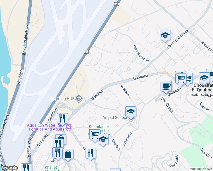 map of restaurants, bars, coffee shops, grocery stores, and more near Old Saida Road in Baabda