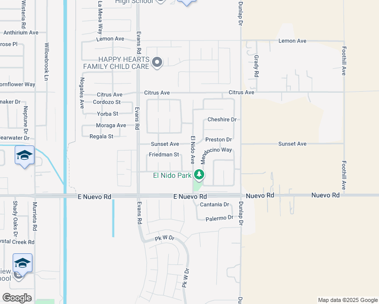 map of restaurants, bars, coffee shops, grocery stores, and more near 1752 El Nido Avenue in Perris