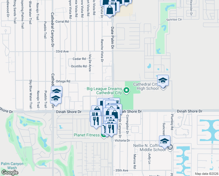 map of restaurants, bars, coffee shops, grocery stores, and more near 33669 Date Palm Drive in Cathedral City