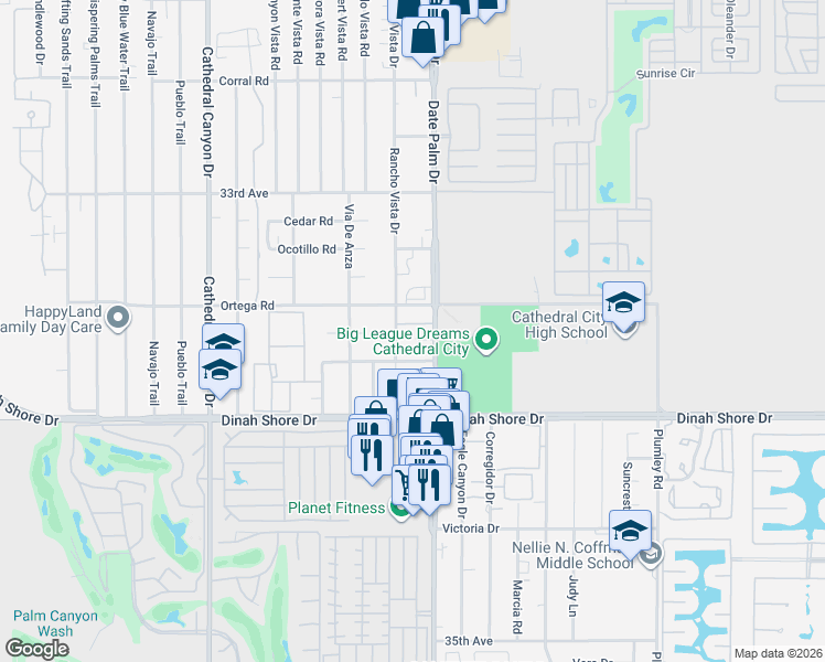 map of restaurants, bars, coffee shops, grocery stores, and more near 33669 Date Palm Drive in Cathedral City
