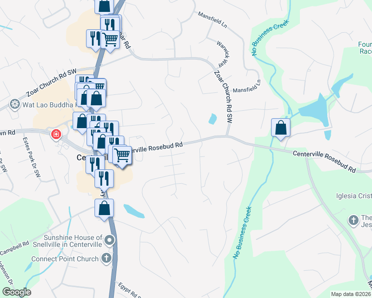map of restaurants, bars, coffee shops, grocery stores, and more near 3641 Spring Creek Circle in Snellville
