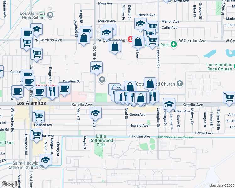 map of restaurants, bars, coffee shops, grocery stores, and more near 10909 Portal Drive in Los Alamitos