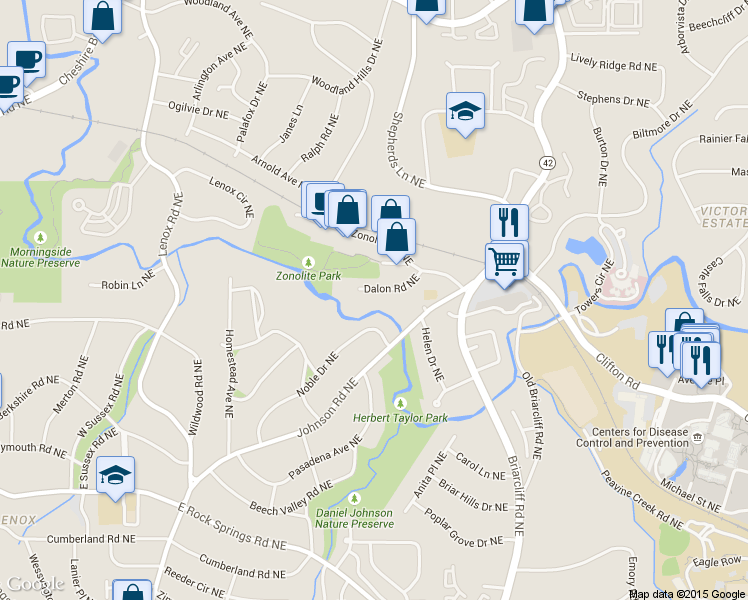 map of restaurants, bars, coffee shops, grocery stores, and more near 1401 Dalon Road Northeast in Atlanta