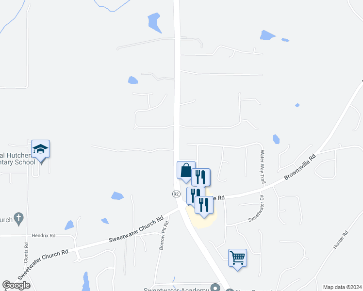 map of restaurants, bars, coffee shops, grocery stores, and more near 615 Water Way Trail in Powder Springs