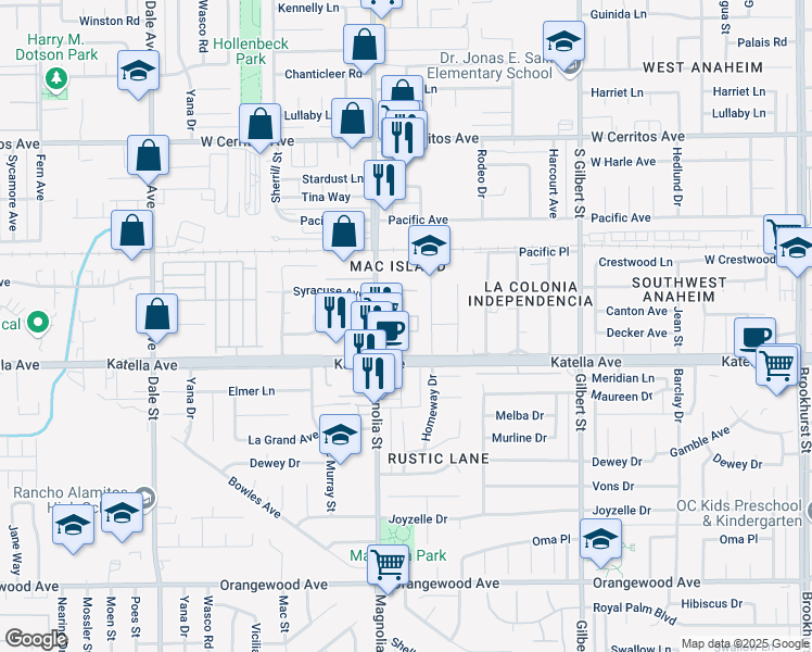 map of restaurants, bars, coffee shops, grocery stores, and more near 10900 South Magnolia Avenue in Anaheim