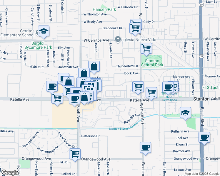 map of restaurants, bars, coffee shops, grocery stores, and more near 7230 Syracuse Avenue in Stanton