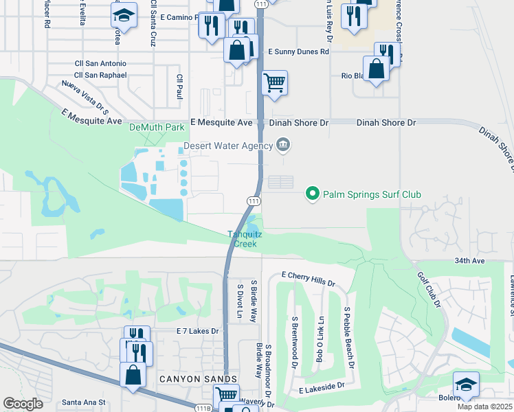 map of restaurants, bars, coffee shops, grocery stores, and more near 1550 South Gene Autry Trail in Palm Springs