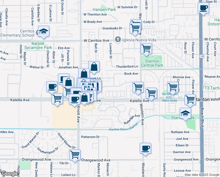 map of restaurants, bars, coffee shops, grocery stores, and more near 7271 Katella Avenue in Stanton
