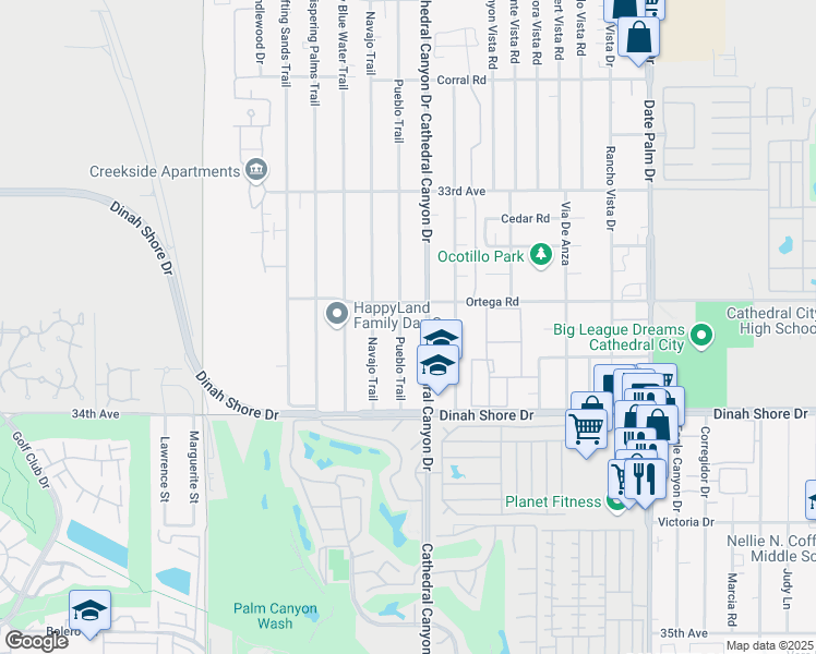 map of restaurants, bars, coffee shops, grocery stores, and more near 33608 Pueblo Trail in Cathedral City