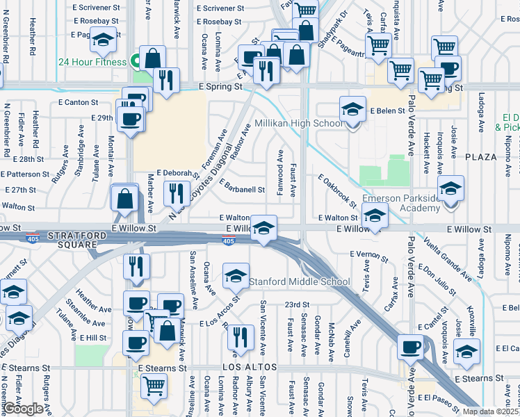 map of restaurants, bars, coffee shops, grocery stores, and more near 5868 East Deborah Street in Long Beach