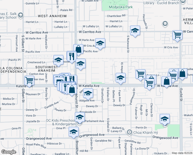 map of restaurants, bars, coffee shops, grocery stores, and more near 2119 West Midwood Lane in Anaheim