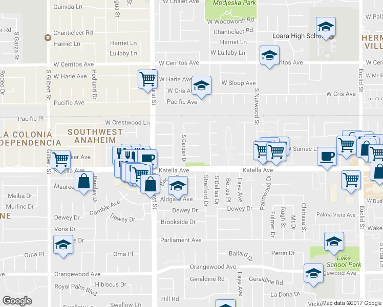 map of restaurants, bars, coffee shops, grocery stores, and more near 2119 West Midwood Lane in Anaheim