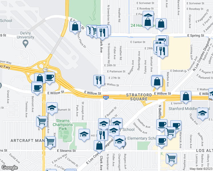 map of restaurants, bars, coffee shops, grocery stores, and more near 5130 East Walton Street in Long Beach