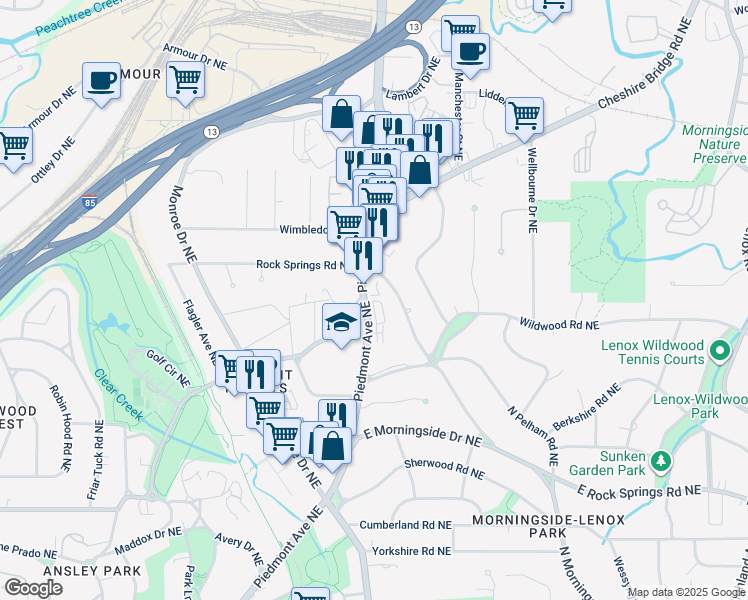 map of restaurants, bars, coffee shops, grocery stores, and more near 1801 Piedmont Avenue Northeast in Atlanta