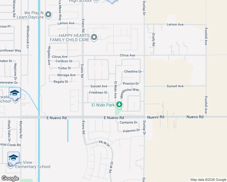 map of restaurants, bars, coffee shops, grocery stores, and more near 1752 El Nido Avenue in Perris