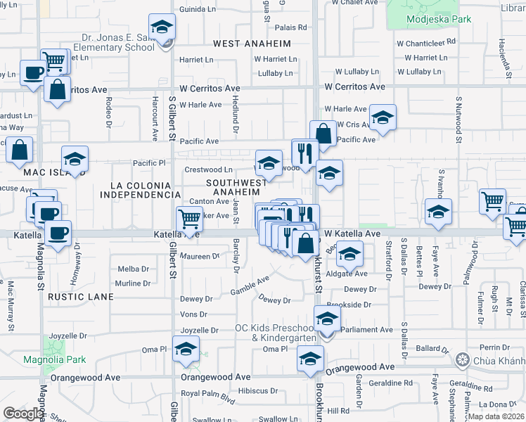 map of restaurants, bars, coffee shops, grocery stores, and more near 1754 South Rainier Court in Anaheim