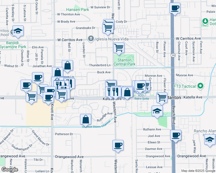map of restaurants, bars, coffee shops, grocery stores, and more near 10901 Montauk Lane in Stanton