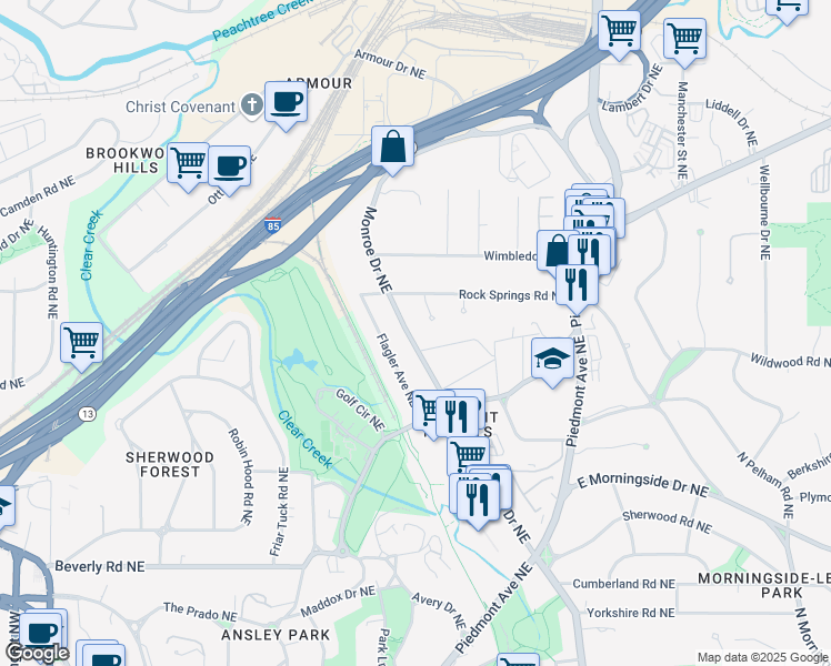 map of restaurants, bars, coffee shops, grocery stores, and more near 1815 Monroe Drive Northeast in Atlanta