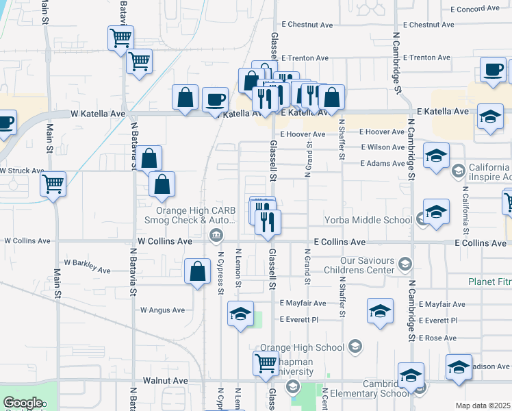 map of restaurants, bars, coffee shops, grocery stores, and more near 201 West Collins Avenue in Orange