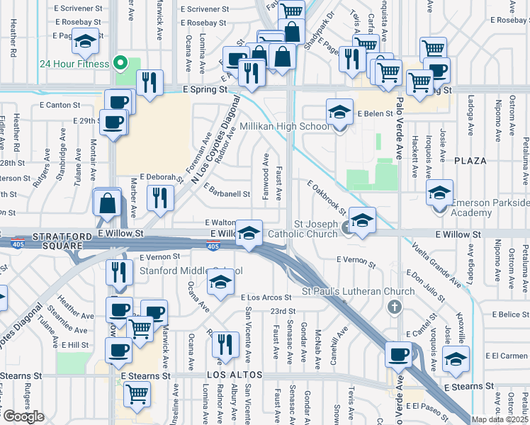 map of restaurants, bars, coffee shops, grocery stores, and more near 5930 East Deborah Street in Long Beach