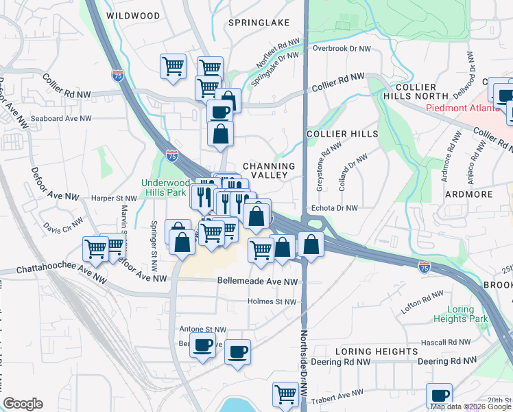 map of restaurants, bars, coffee shops, grocery stores, and more near Horace E. Tate Freeway in Atlanta