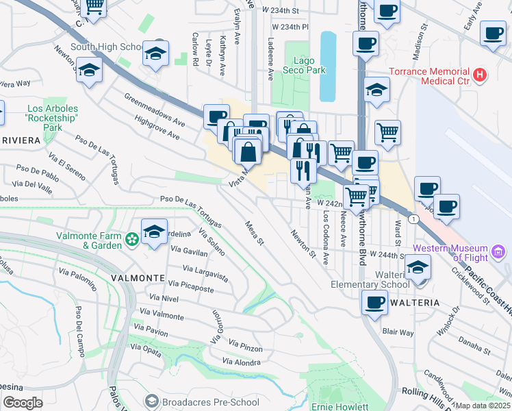 map of restaurants, bars, coffee shops, grocery stores, and more near 3255 Wilmington Street in Torrance