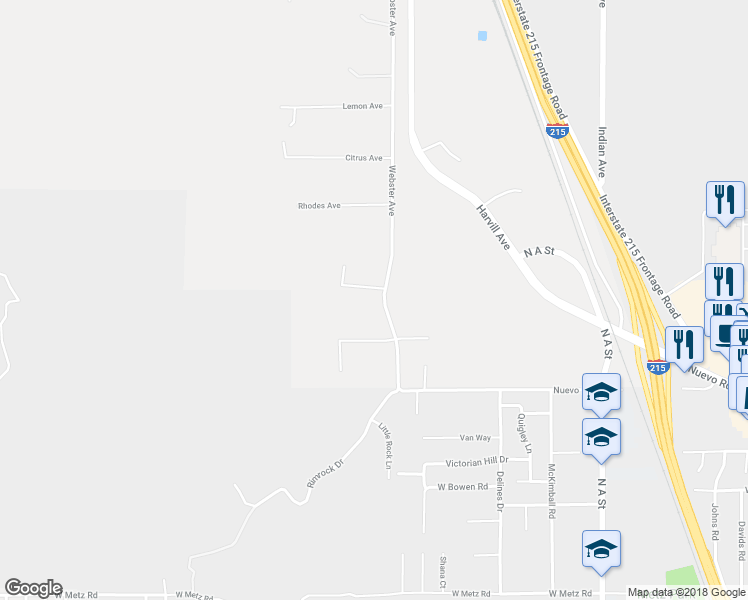 map of restaurants, bars, coffee shops, grocery stores, and more near 23975 Sunset Avenue in Perris