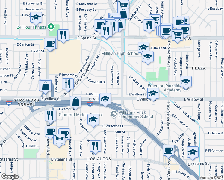 map of restaurants, bars, coffee shops, grocery stores, and more near 5930 East Deborah Street in Long Beach