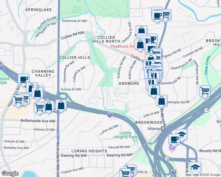 map of restaurants, bars, coffee shops, grocery stores, and more near 11 Ardmore Square Northwest in Atlanta