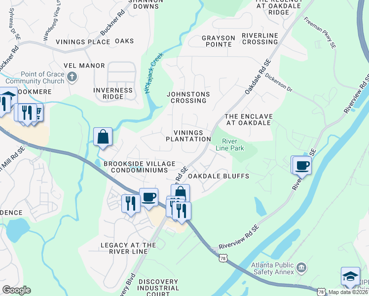 map of restaurants, bars, coffee shops, grocery stores, and more near 6063 Farmwood Way Southeast in Mableton