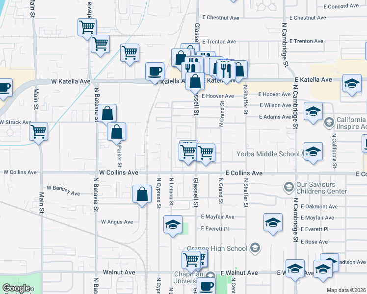 map of restaurants, bars, coffee shops, grocery stores, and more near in Villa Park