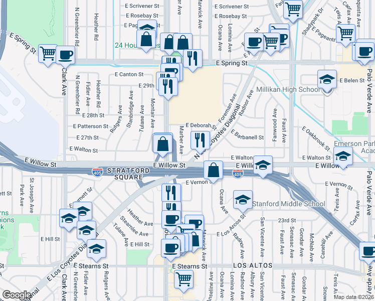 map of restaurants, bars, coffee shops, grocery stores, and more near 2625 Foreman Avenue in Long Beach