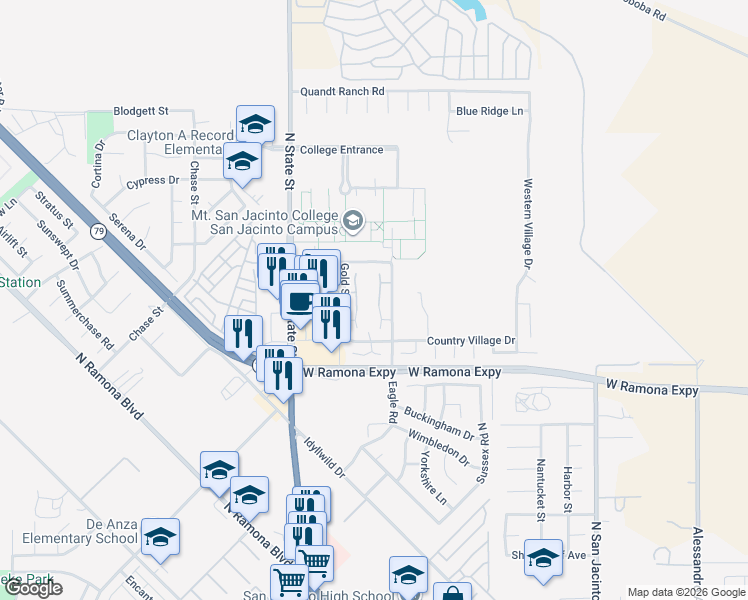 map of restaurants, bars, coffee shops, grocery stores, and more near 1294 Bushy Tail Trail in San Jacinto