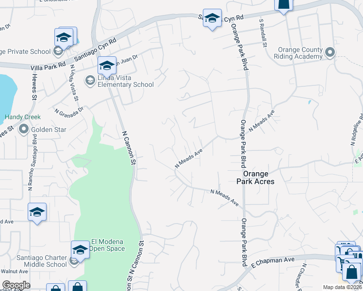 map of restaurants, bars, coffee shops, grocery stores, and more near 10903 North Meads Avenue in Orange