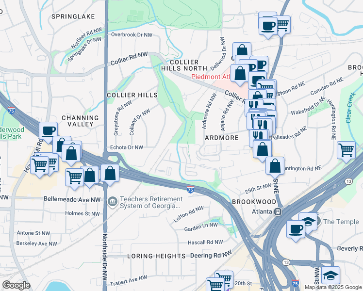 map of restaurants, bars, coffee shops, grocery stores, and more near 9 Ardmore Square Northwest in Atlanta