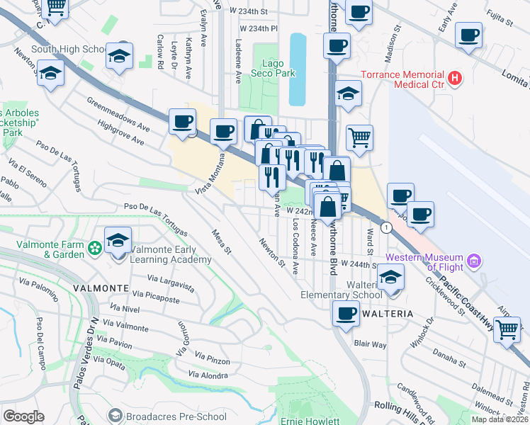 map of restaurants, bars, coffee shops, grocery stores, and more near 3918 West 242nd Street in Torrance