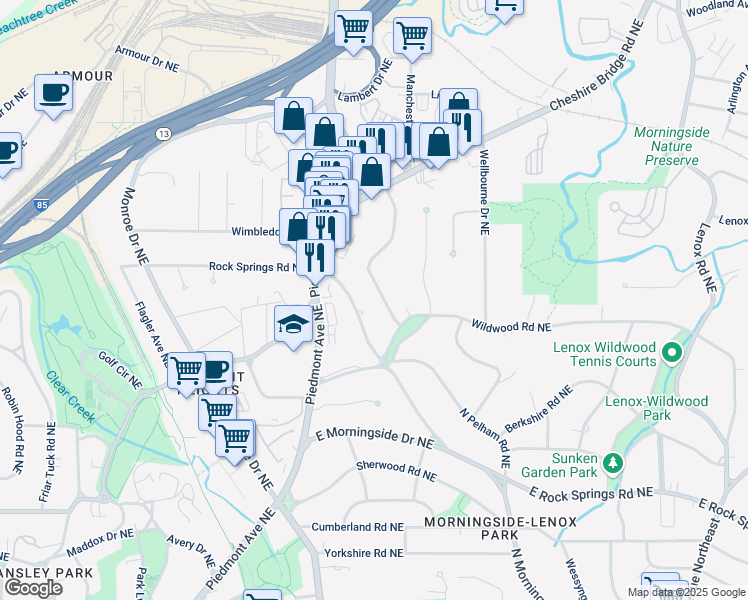 map of restaurants, bars, coffee shops, grocery stores, and more near 1824 Windemere Drive Northeast in Atlanta