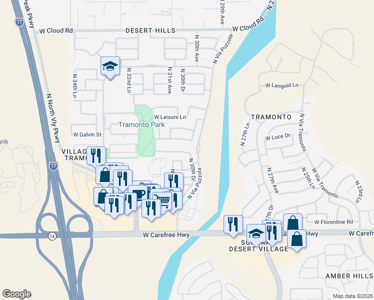 map of restaurants, bars, coffee shops, grocery stores, and more near 3009 West Vía De Pedro Miguel in Phoenix