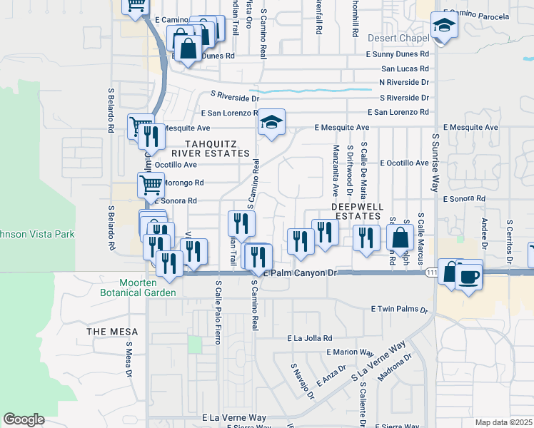 map of restaurants, bars, coffee shops, grocery stores, and more near 1515 Palm Colony in Palm Springs
