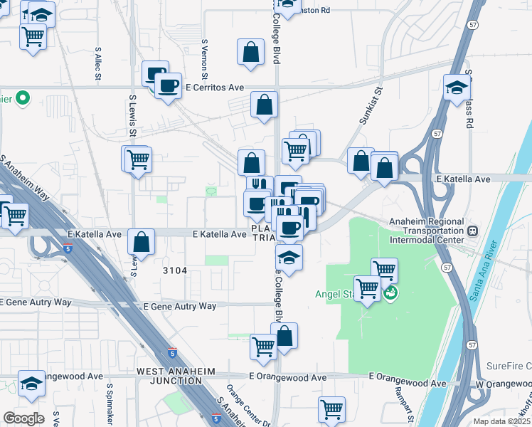 map of restaurants, bars, coffee shops, grocery stores, and more near in Anaheim