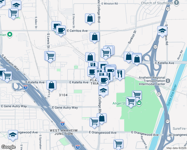 map of restaurants, bars, coffee shops, grocery stores, and more near in Anaheim