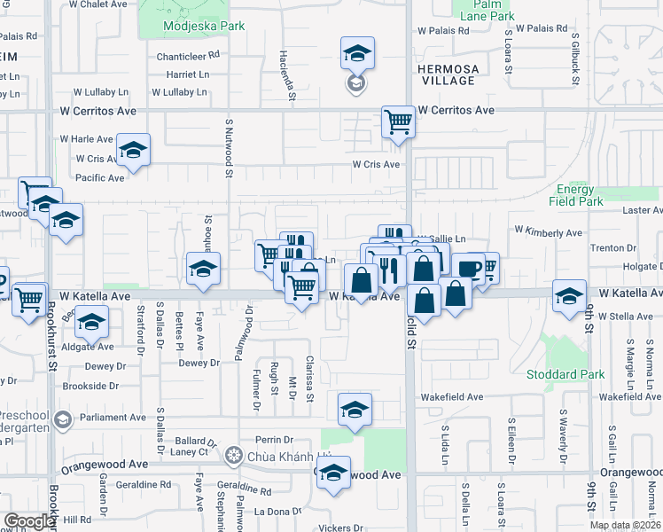 map of restaurants, bars, coffee shops, grocery stores, and more near 1701 South Humor Drive in Anaheim
