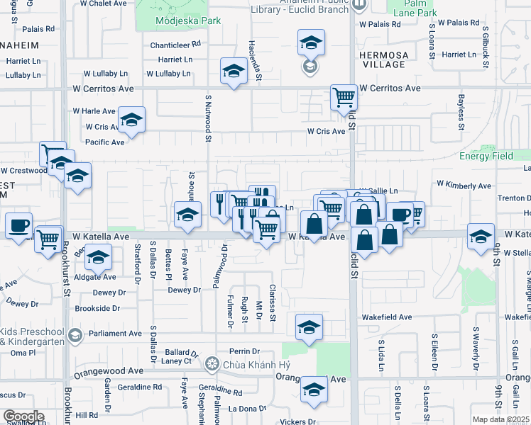 map of restaurants, bars, coffee shops, grocery stores, and more near 1812 West Sumac Lane in Anaheim