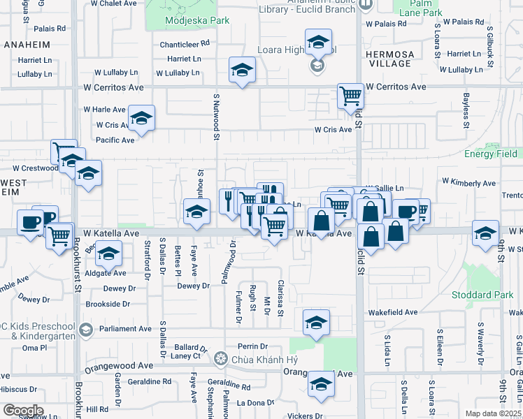map of restaurants, bars, coffee shops, grocery stores, and more near 1731 South Easy Way in Anaheim