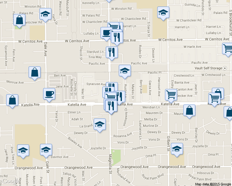 map of restaurants, bars, coffee shops, grocery stores, and more near 10900 Magnolia Avenue in Anaheim