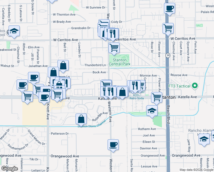 map of restaurants, bars, coffee shops, grocery stores, and more near 7471 Skyline Drive in Stanton