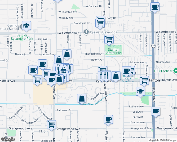map of restaurants, bars, coffee shops, grocery stores, and more near 7300 Syracuse Avenue in Stanton